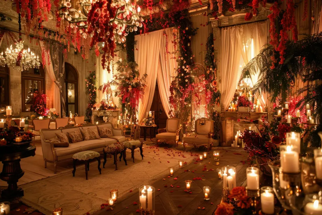 A candlelit wedding lounge dressed in red and blush florals