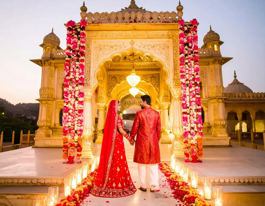 A bride and groom walking hand in hand beneath a floral palace archway lit with candles